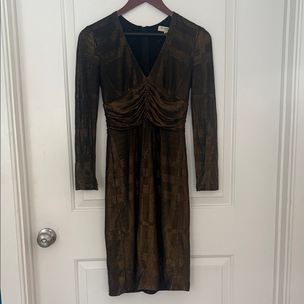Burberry Metallic Black & Gold Ruched V-Neck Dress, 4